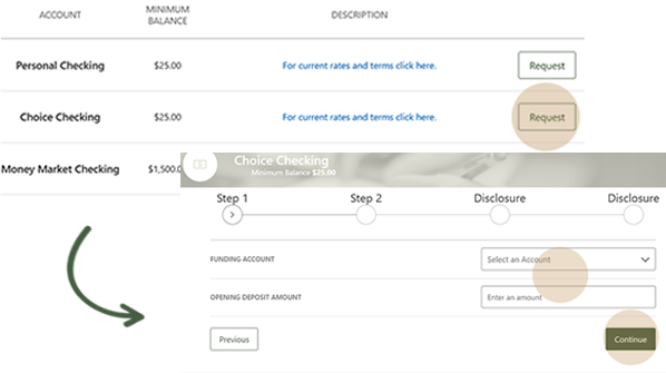 Screen capture showing how to request a choice checking account