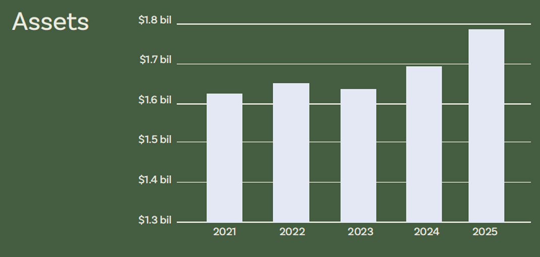 Bar chart titled ‘ASSETS’ showing asset values rising from about $1.4 billion in 2020 to about $1.7 billion in 2024.