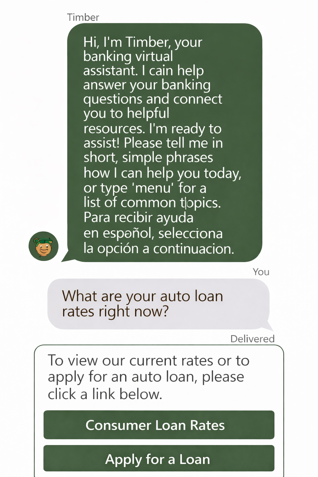 Timber Screenshot Screenshot of Fibre's chatbot, Timber, providing online banking help.