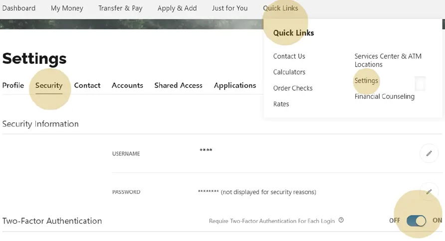 Screenshot of a banking website's 'Settings' page showing the 'Security' tab with Two-Factor Authentication enabled and options to edit security information.