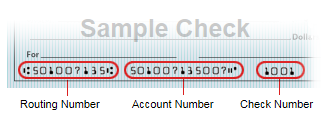 Sample check showing location of routing number, account number and check number