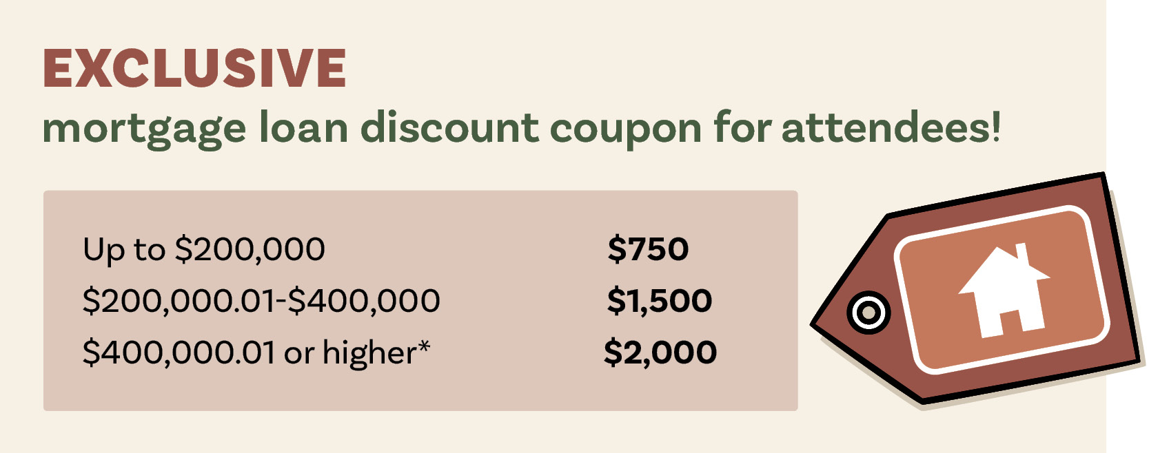 Exclusive mortgage loan discount coupon for attendees! Up to $200,000 - $750 | $200,000.01-$400,000 - $1,500 | $400,000.01 or higher* - $2,000
