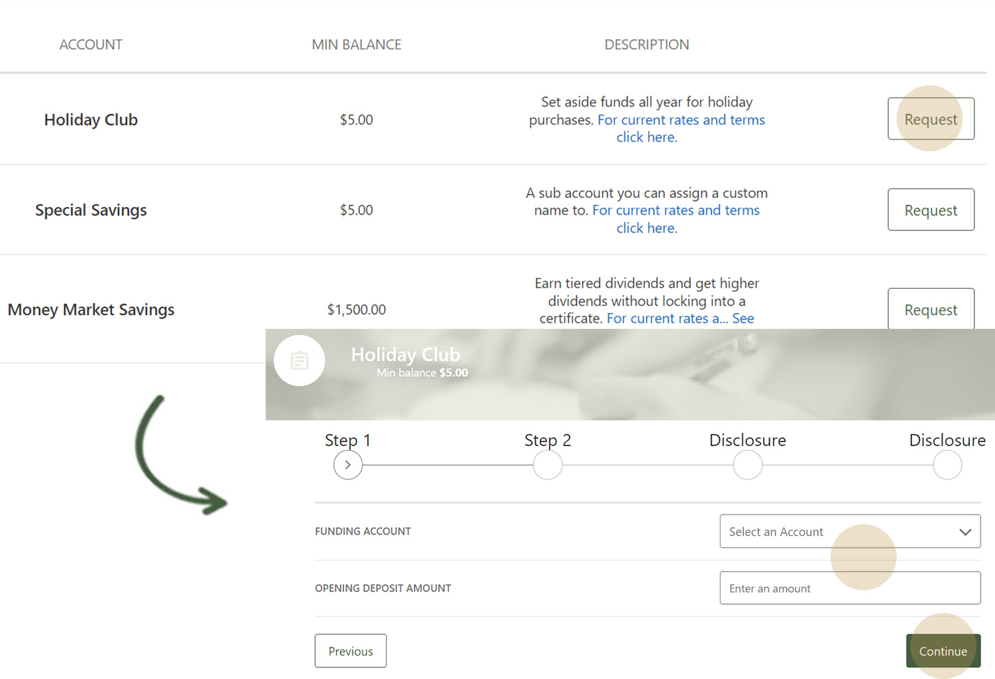 Screen capture showing the last step to opening a holiday club account
